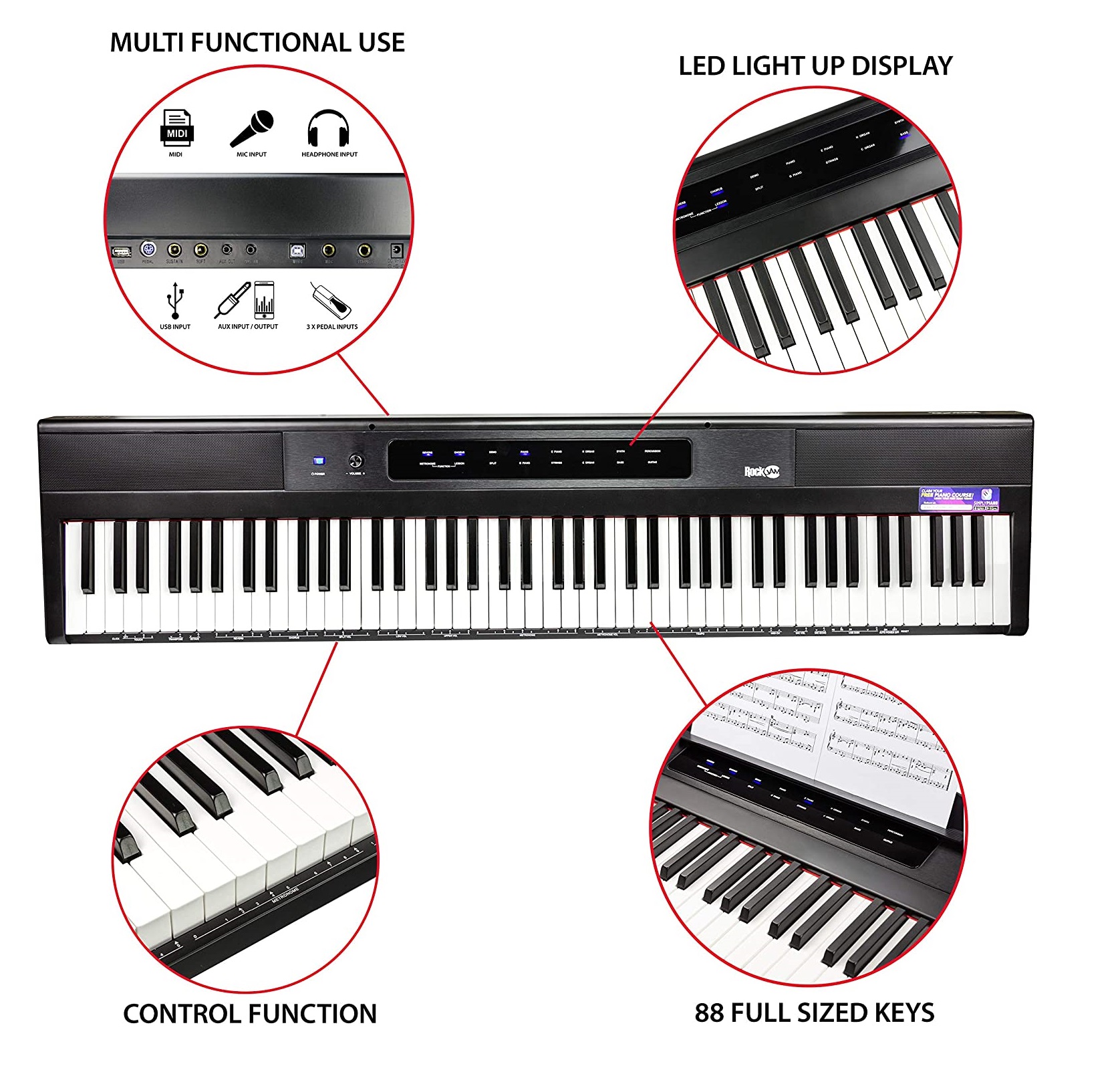  RockJam 88 Key Digital Piano Keyboard Piano with Full Size  Semi-Weighted Keys, Power Supply, Sheet Music Stand, Piano Note Stickers &  Simply Piano Lessons : Musical Instruments